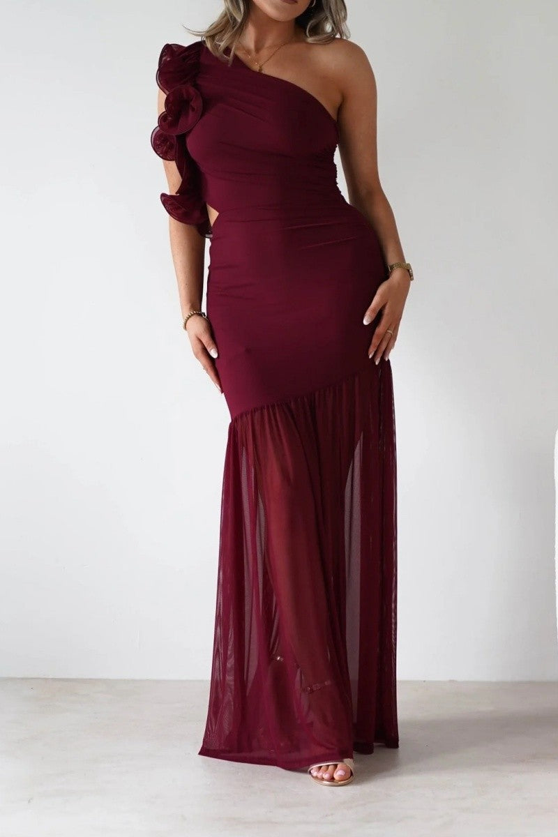 RUFFLE ONE SHOULDER COCKTAIL DRESS