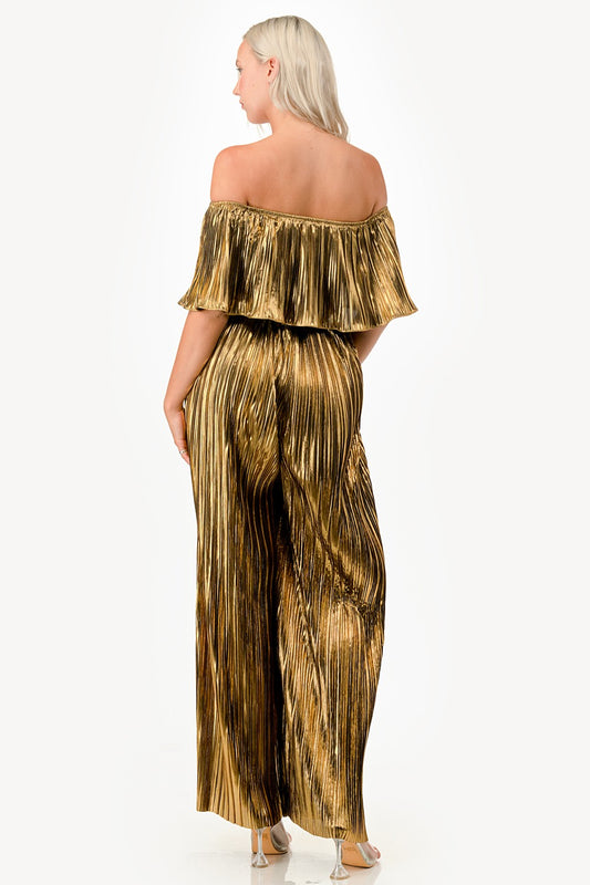 METHALLIC OFF SHOULDER JUMPSUIT
