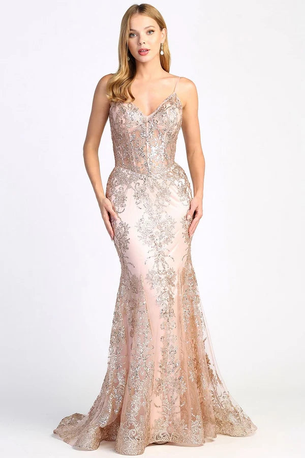 Mermaid Long Formal Glitter Applique Prom Dress - CLEARENCE