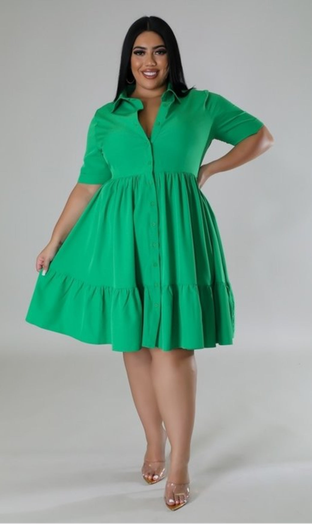 PLUS TIERED DRESS WITH V COLLAR - CLEARENCE