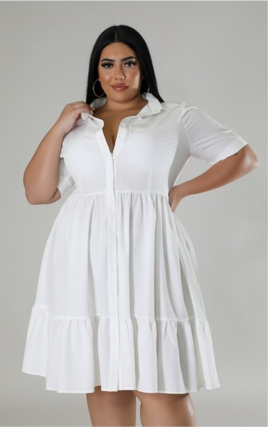 PLUS TIERED DRESS WITH V COLLAR - CLEARENCE
