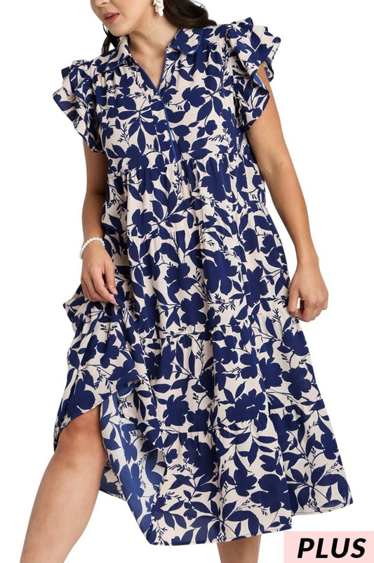 PLUS BLUE PRINT TIERED DRESS - CLEARENCE