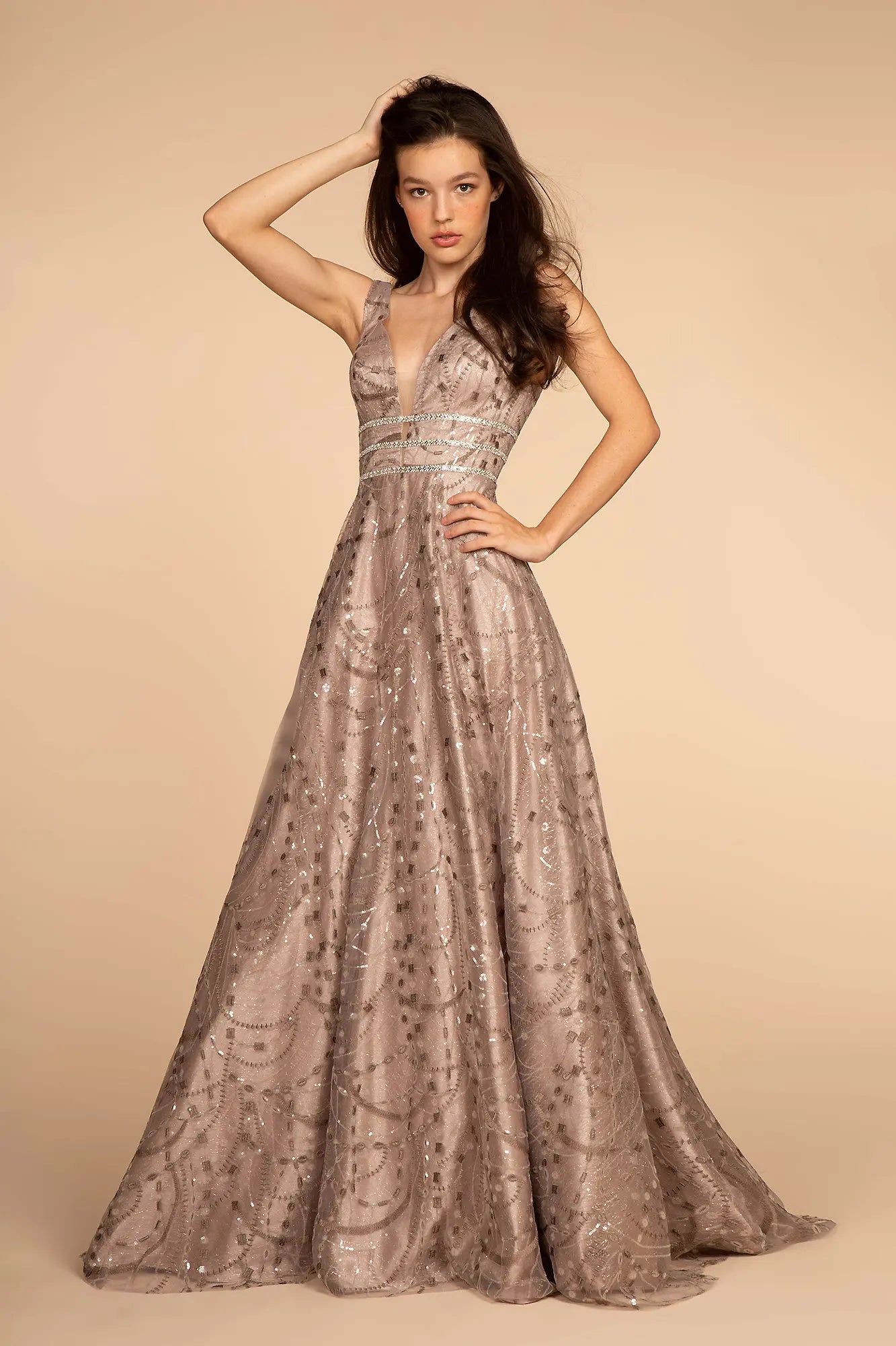 Jewel Embellished V-Neck Mesh A-Line Dress - CLEARENCE