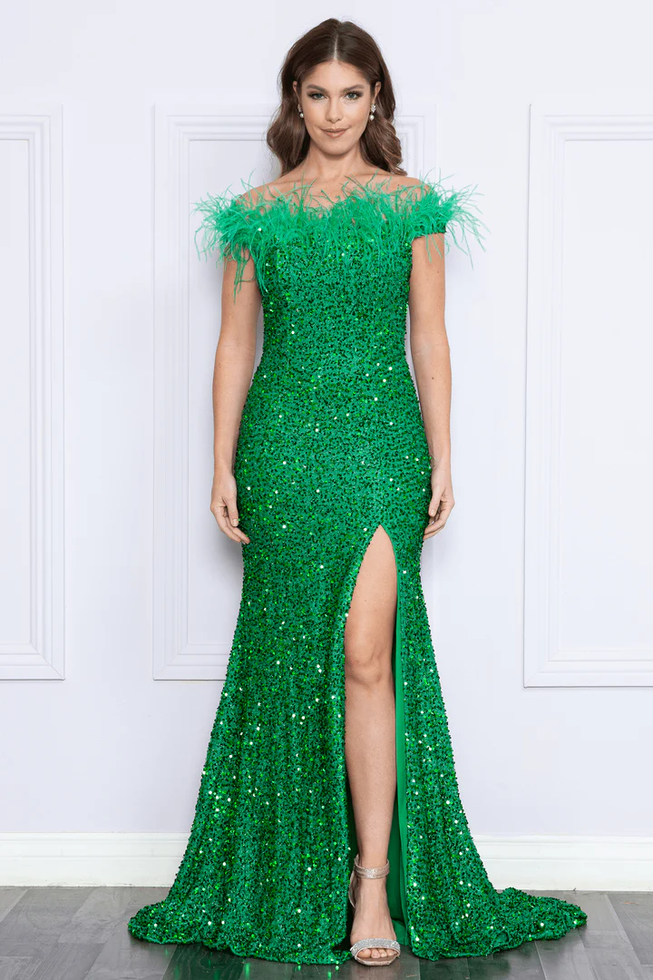 SEQUIN OFF SHOULDER EVENING DRESS - CLEARENCE