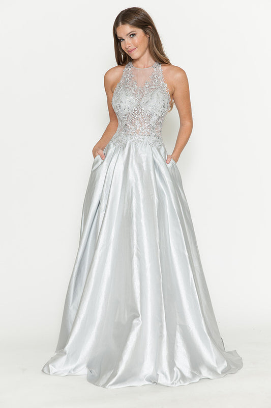 HOLTER METHALLIC SILVER LONG DRESS - CLEARENCE