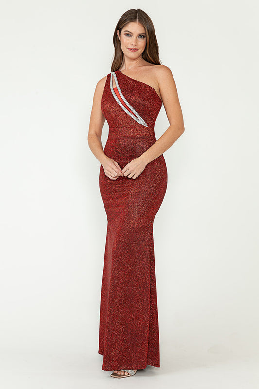 METHALIC ONE SHOULDER LONG DRESS - CLEARENCE