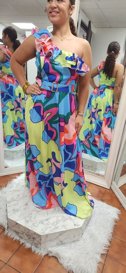 ONE SHOULDER PRINT WITH BELT - CLEARENCE 1 PIECE
