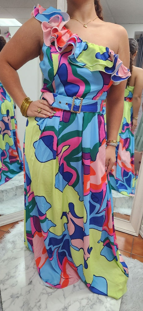 ONE SHOULDER PRINT WITH BELT - CLEARENCE 1 PIECE