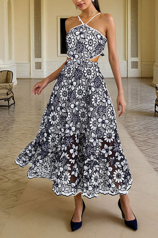 EMBROIDERY CUT OUT CROCHET HOLTER DRESS