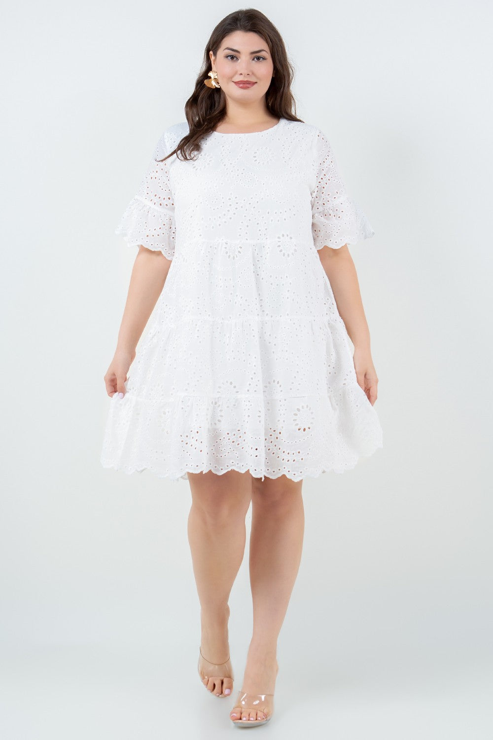 WHITE EYELET LACE TIERED DRESS-CURVY