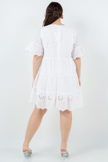 WHITE EYELET LACE TIERED DRESS-CURVY