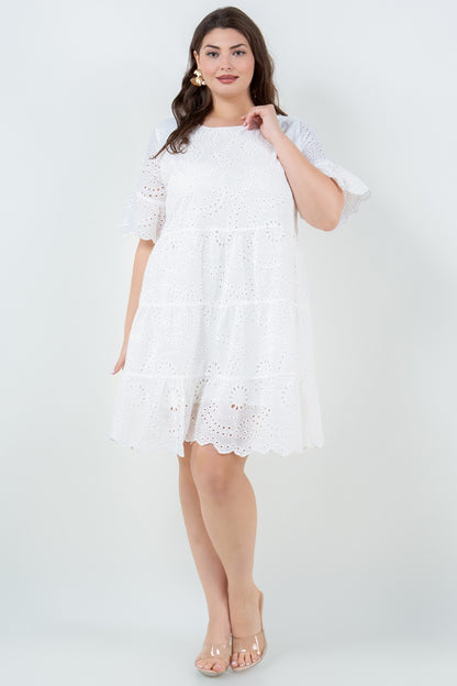 WHITE EYELET LACE TIERED DRESS-CURVY