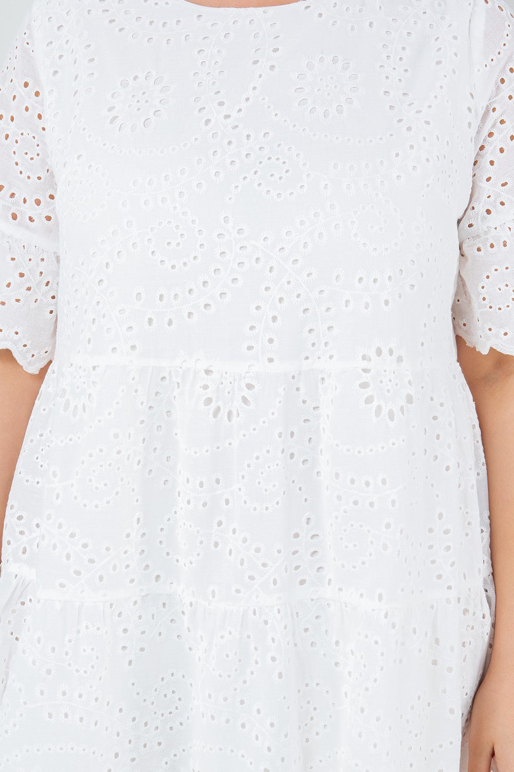 WHITE EYELET LACE TIERED DRESS-CURVY