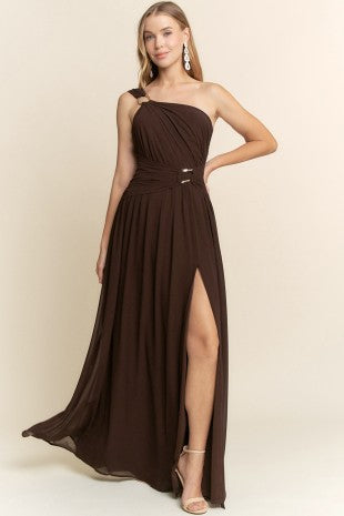 ONE SHOULDER  CHIFFON CHOCOLATE MAXY