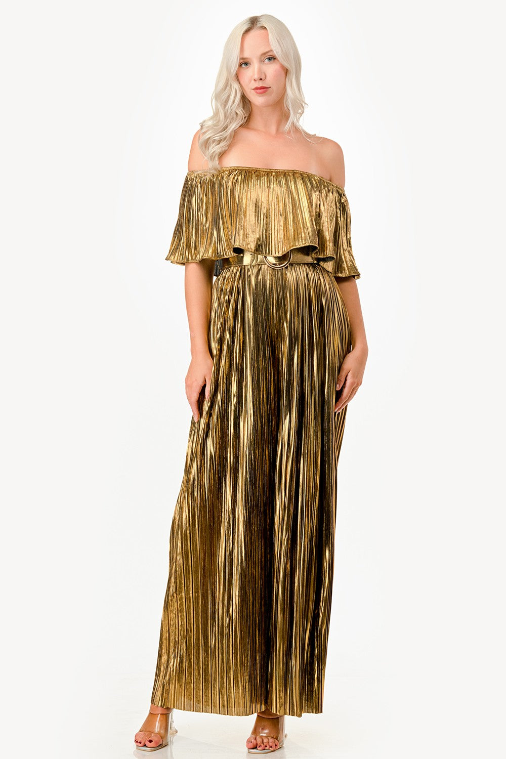 METHALLIC OFF SHOULDER JUMPSUIT