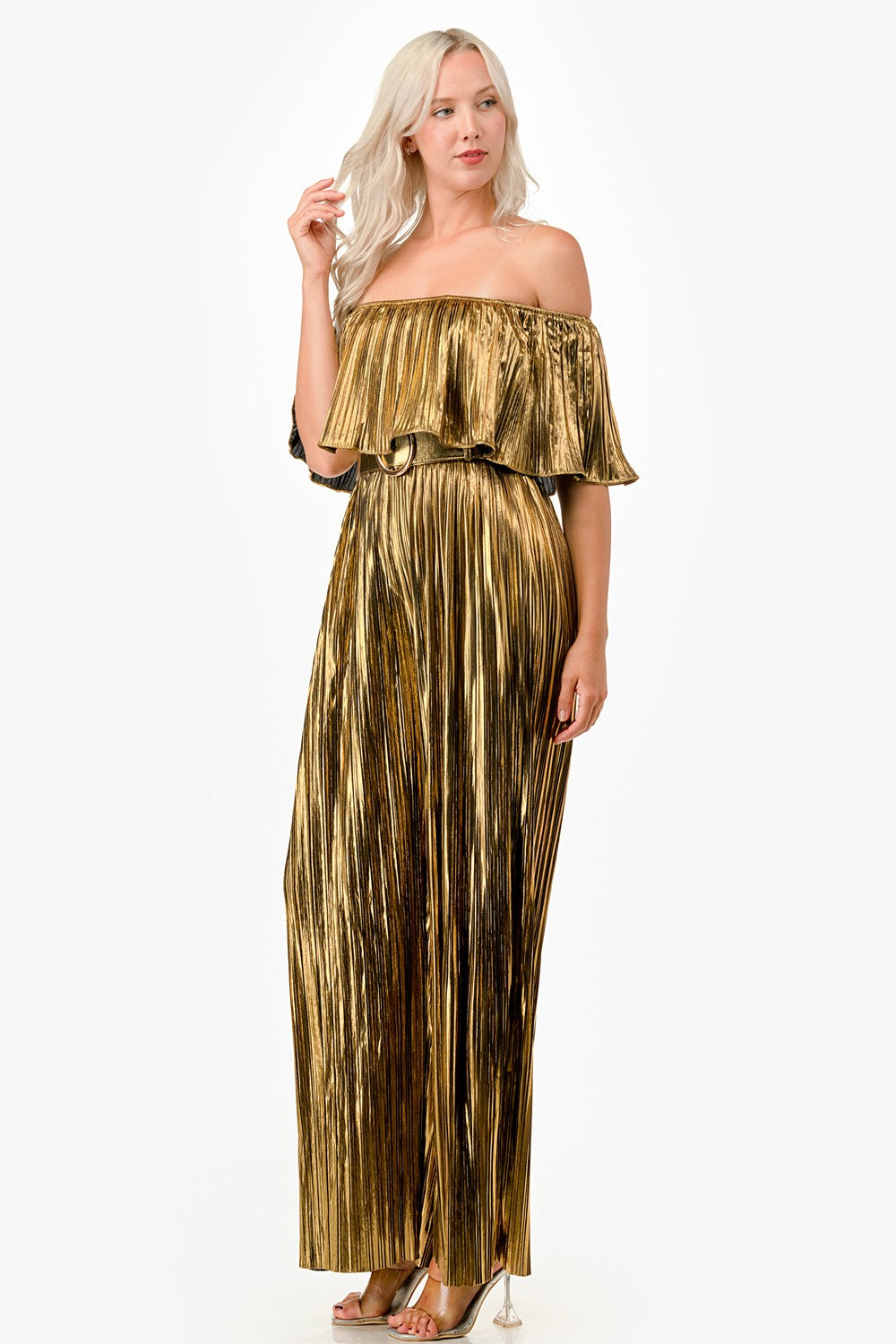 METHALLIC OFF SHOULDER JUMPSUIT