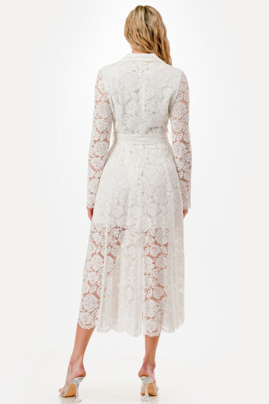 CROSS BOTTONS LACE MIDI DRESS