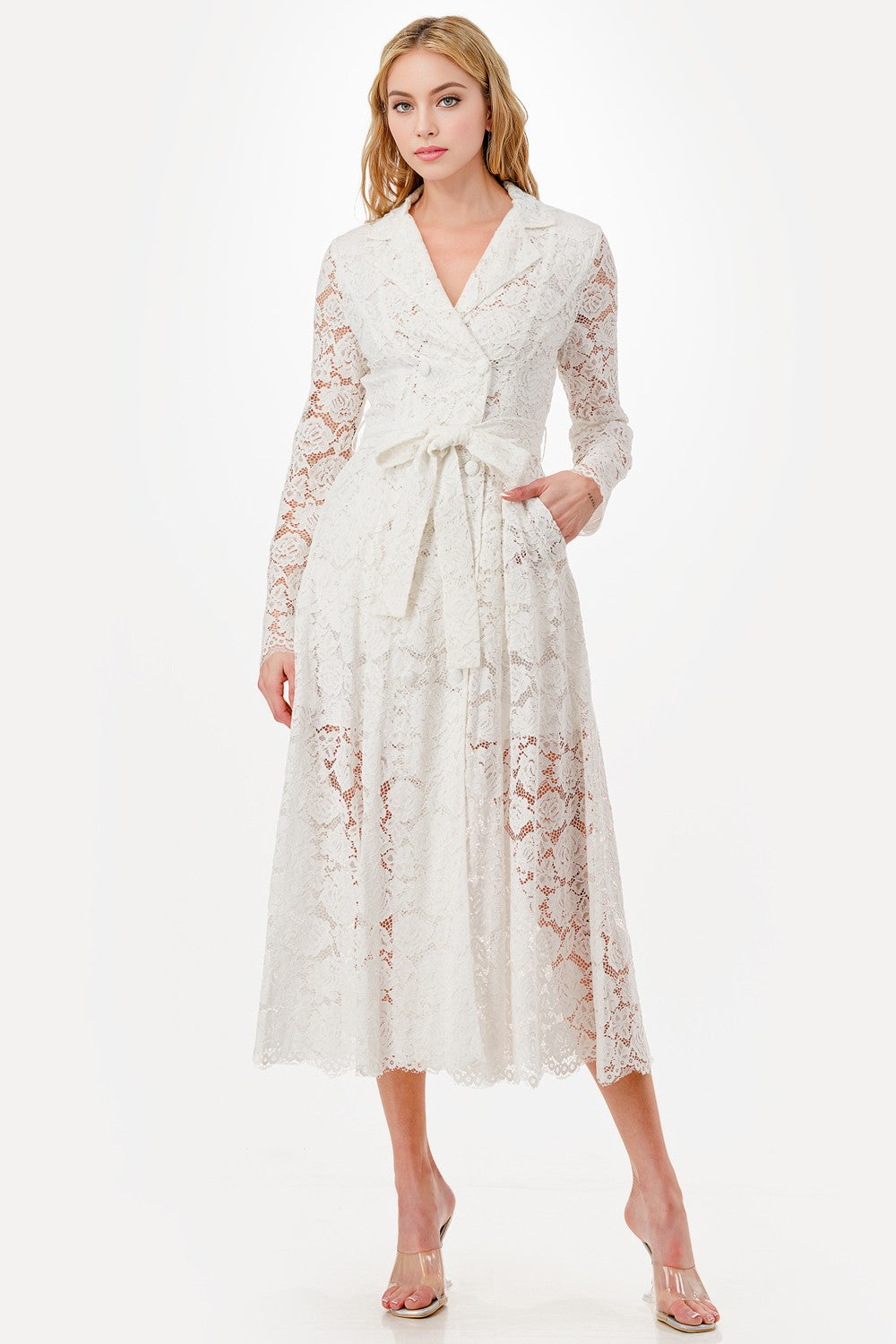 CROSS BOTTONS LACE MIDI DRESS