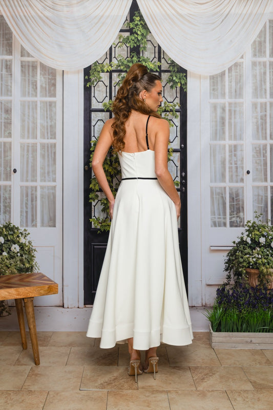 VELIZZE WHITE WITH BLACK BOW MIDI DRESS