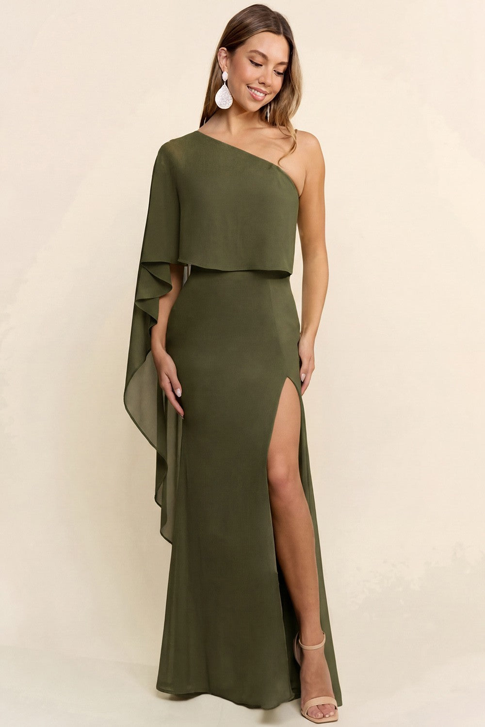 Marisella olive One Shoulder Chiffon Maxi Dress With Cape-sleeve -NEW ARRIVAL