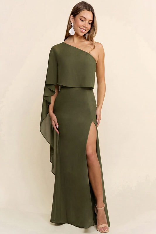 Marisella olive One Shoulder Chiffon Maxi Dress With Cape-sleeve -NEW ARRIVAL