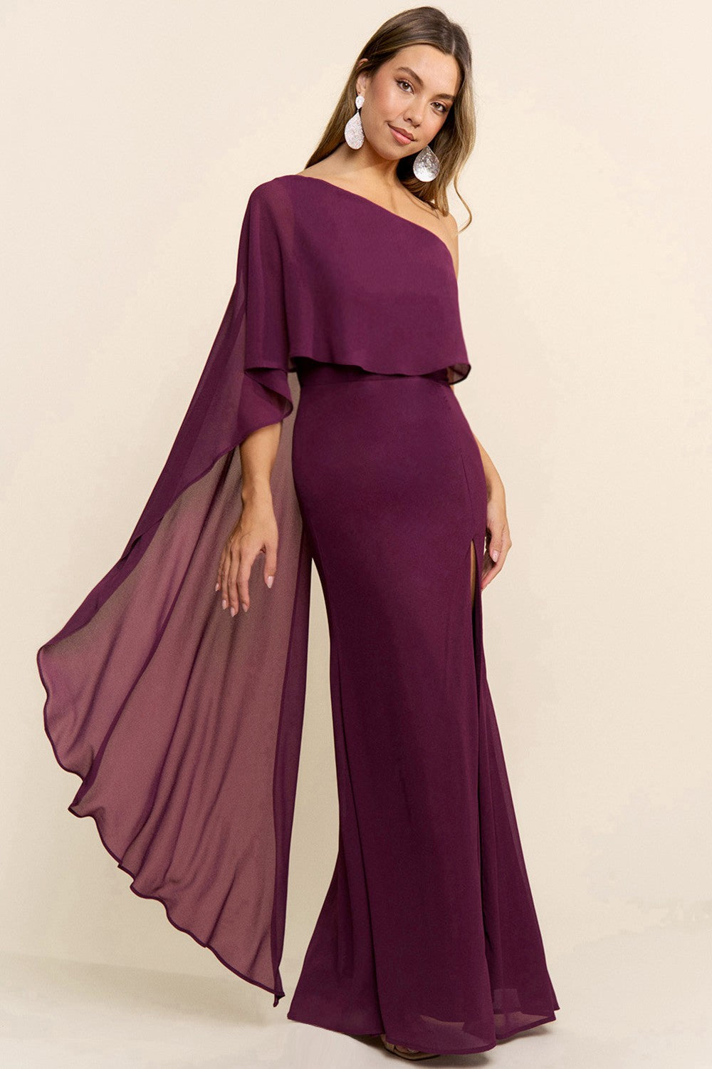 Marisella One Shoulder Chiffon Maxi Dress With Cape-sleeve -NEW ARRIVAL