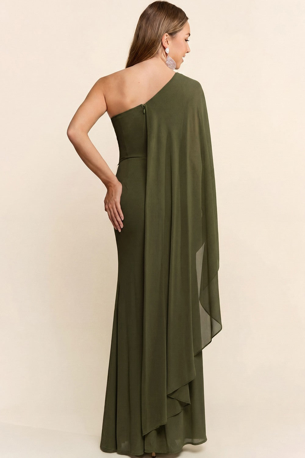 Marisella olive One Shoulder Chiffon Maxi Dress With Cape-sleeve -NEW ARRIVAL