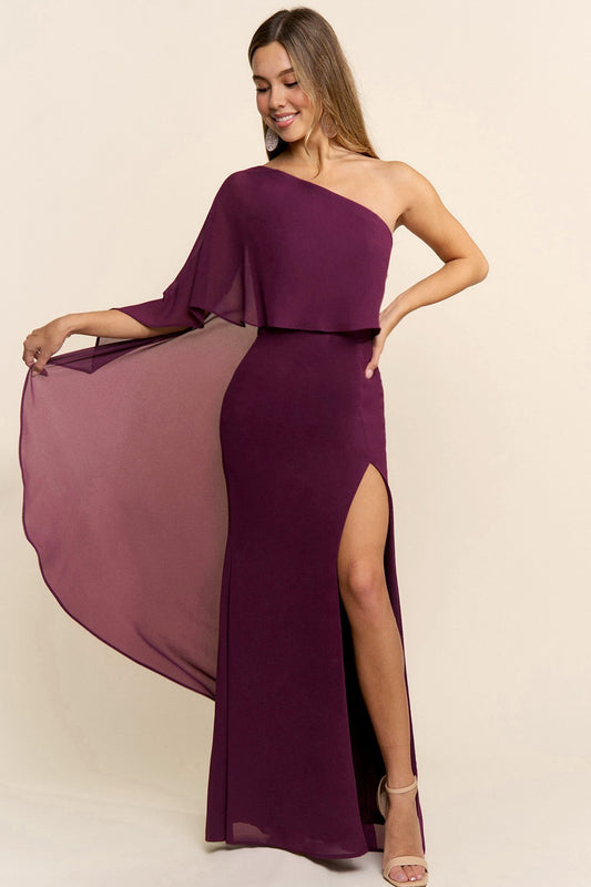 Marisella One Shoulder Chiffon Maxi Dress With Cape-sleeve -NEW ARRIVAL