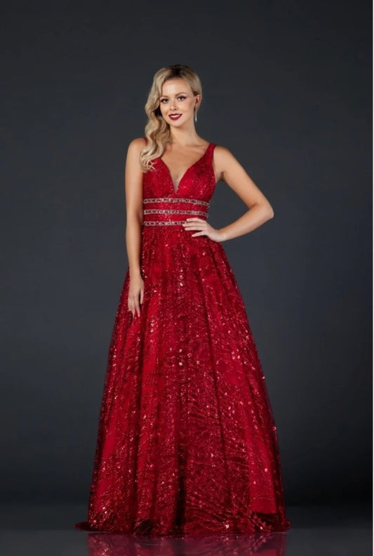 A LINE STRAPS GLITTER EVENING DRESS - CLEARENCE