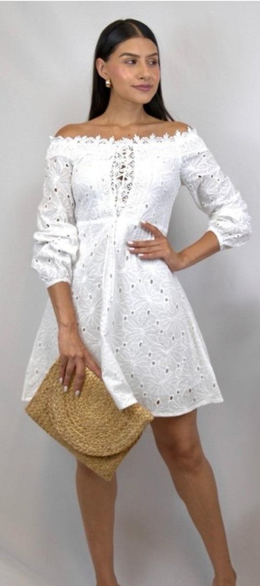 Short Dress with 3/4 Sleeves White