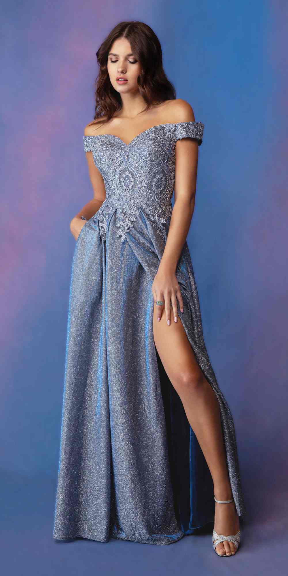 ONE SHOULDER TOP EMBROIDERY EVENING DRESS - CLEARENCE