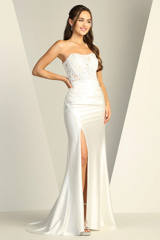 STRAPLESS SATIN WHITE EVENING GOWN