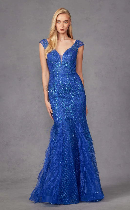 SHORT SLEEVES SGLITTER EVENING GOWN - CLEARENCE