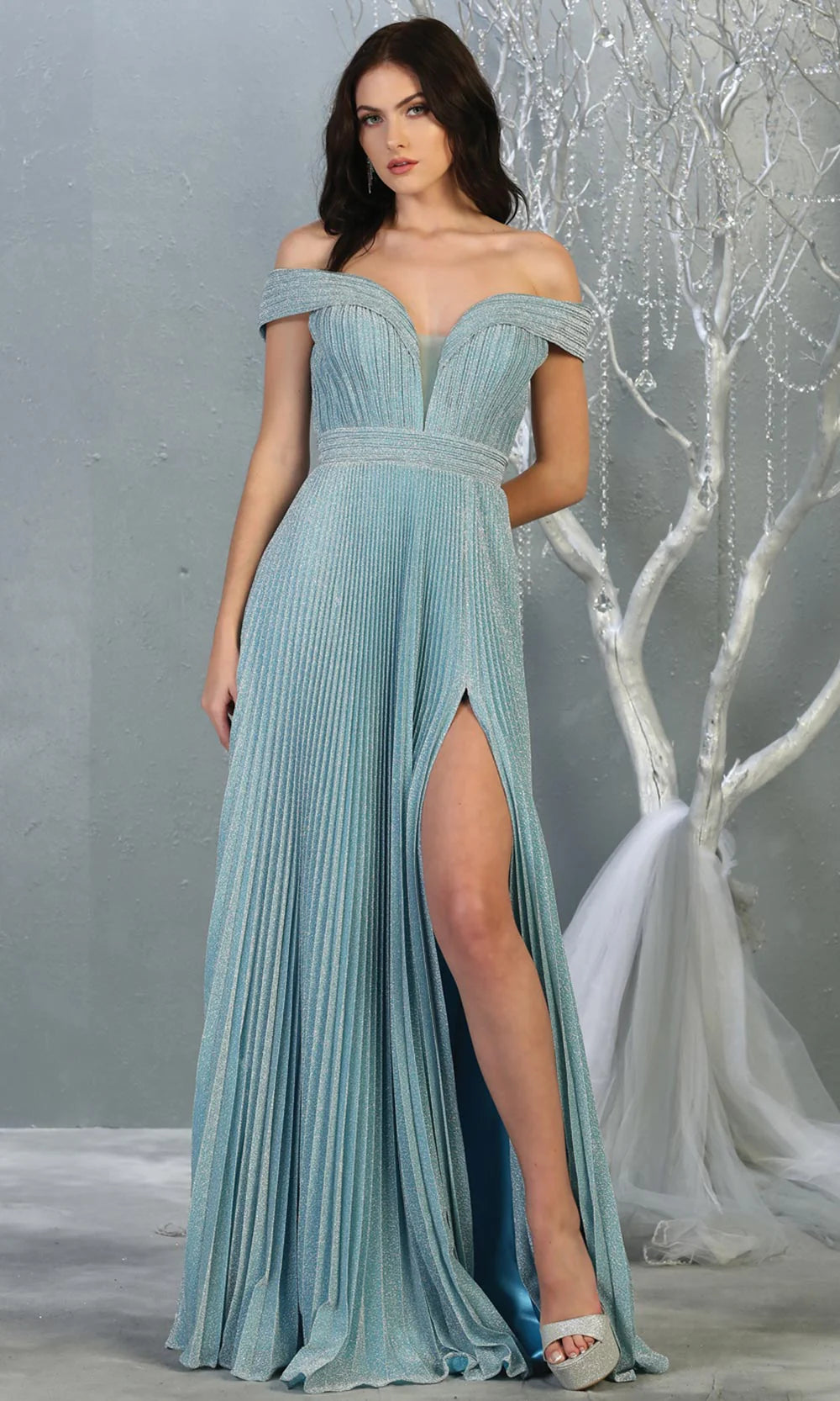 OFF SHOULDER SHIMMER FABRIC EVENING GOWN - CLEARENCE