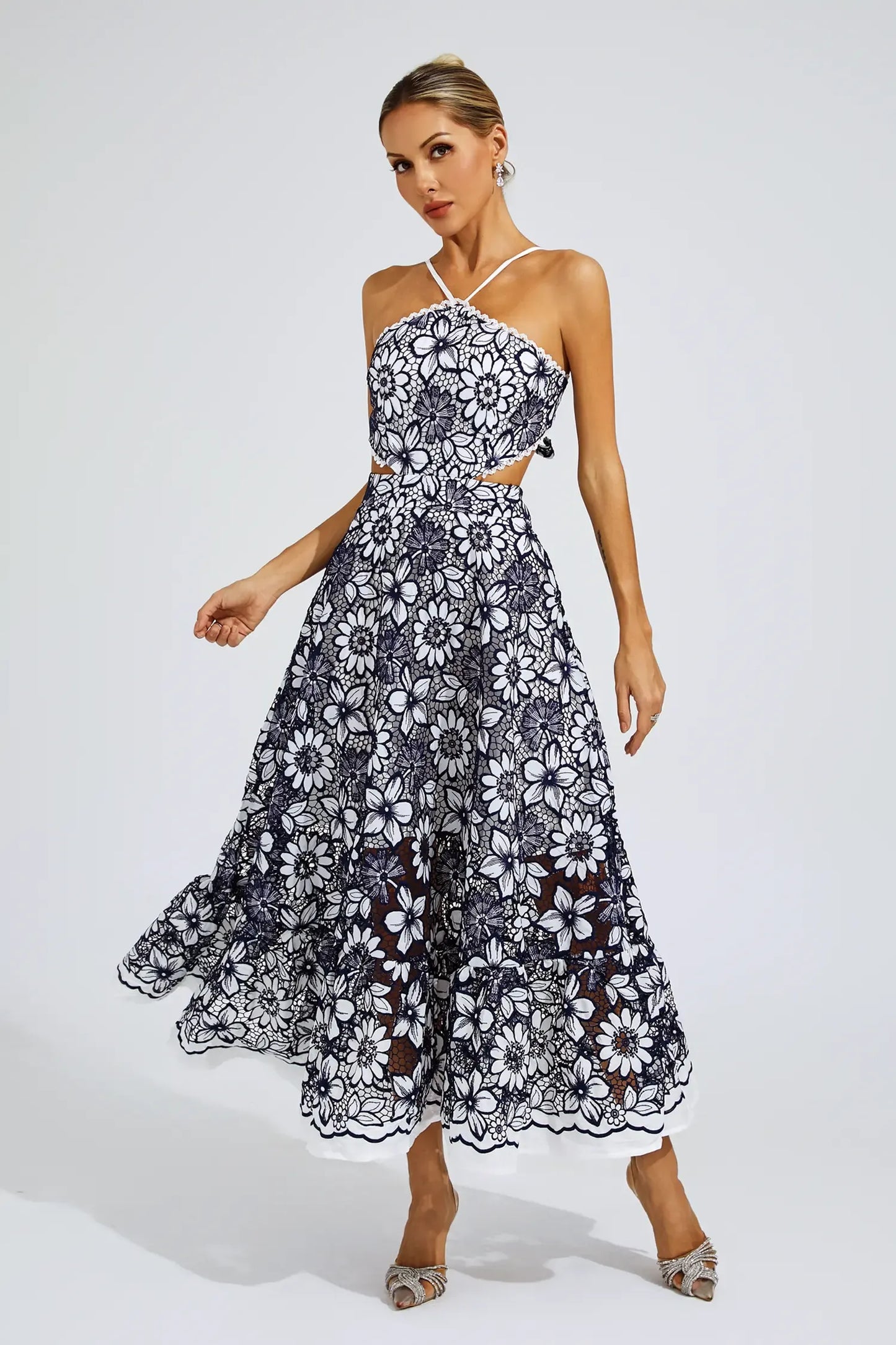 EMBROIDERY CUT OUT CROCHET HOLTER DRESS