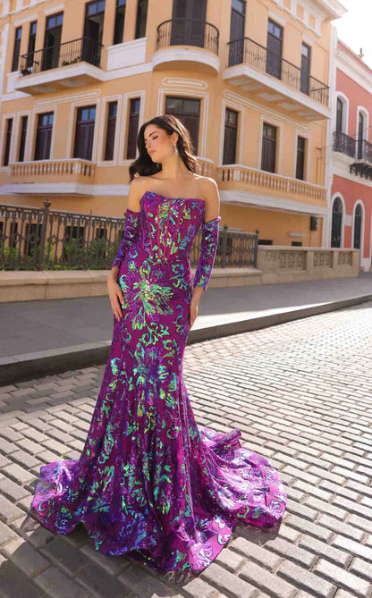 STRAPLESS 2 TONES SEQUIN EVENING DRESS - CLEREANCE