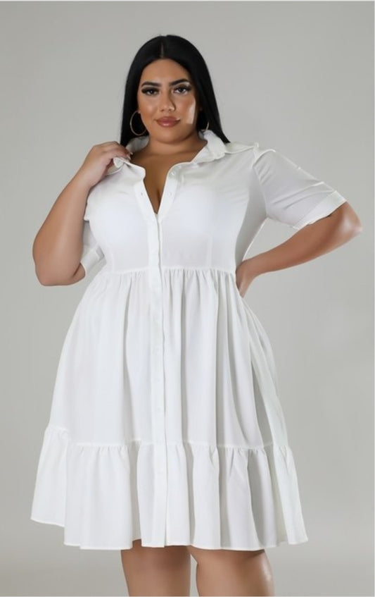 PLUS TIERED DRESS WITH V COLLAR - CLEARENCE