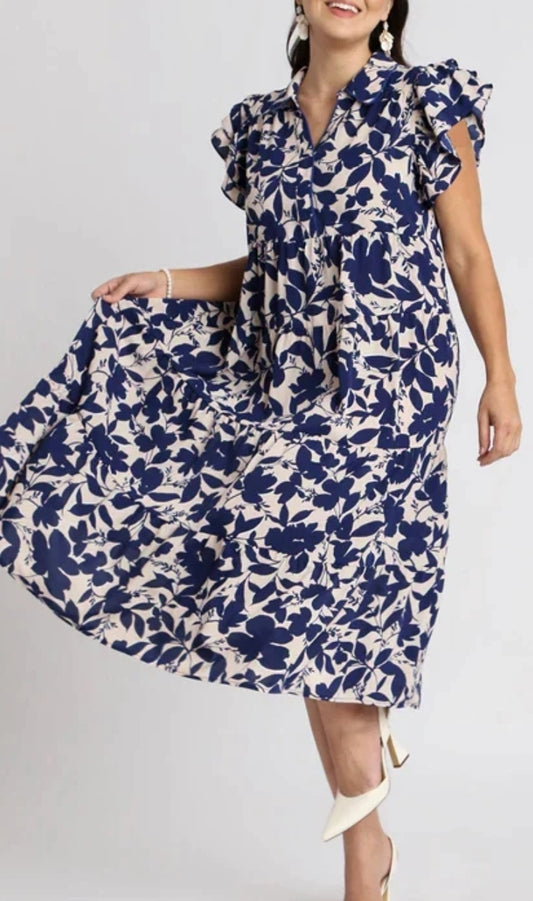 PLUS BLUE PRINT TIERED DRESS - CLEARENCE