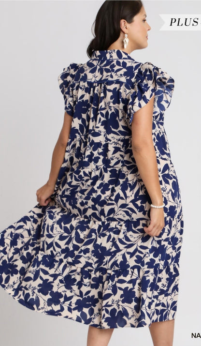 PLUS BLUE PRINT TIERED DRESS - CLEARENCE