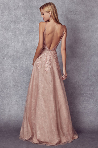 Applique Long A-line Glitter Dress - CLEARENCE
