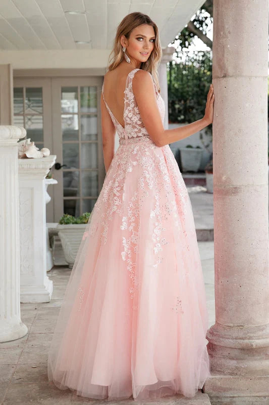 ROSE Floral Applique V-Neck Tulle Gown - CLEARENCE