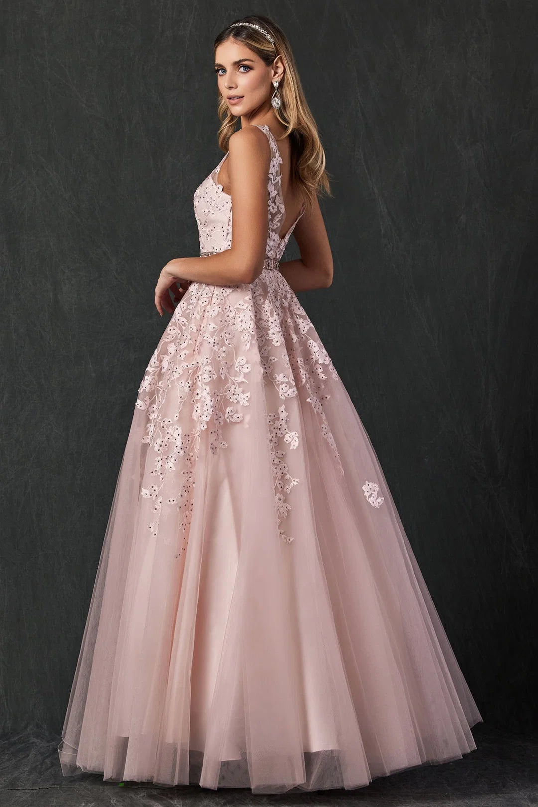 ROSE Floral Applique V-Neck Tulle Gown - CLEARENCE
