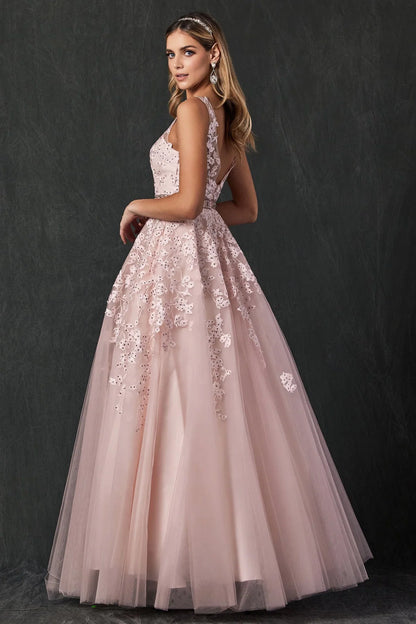 ROSE Floral Applique V-Neck Tulle Gown - CLEARENCE