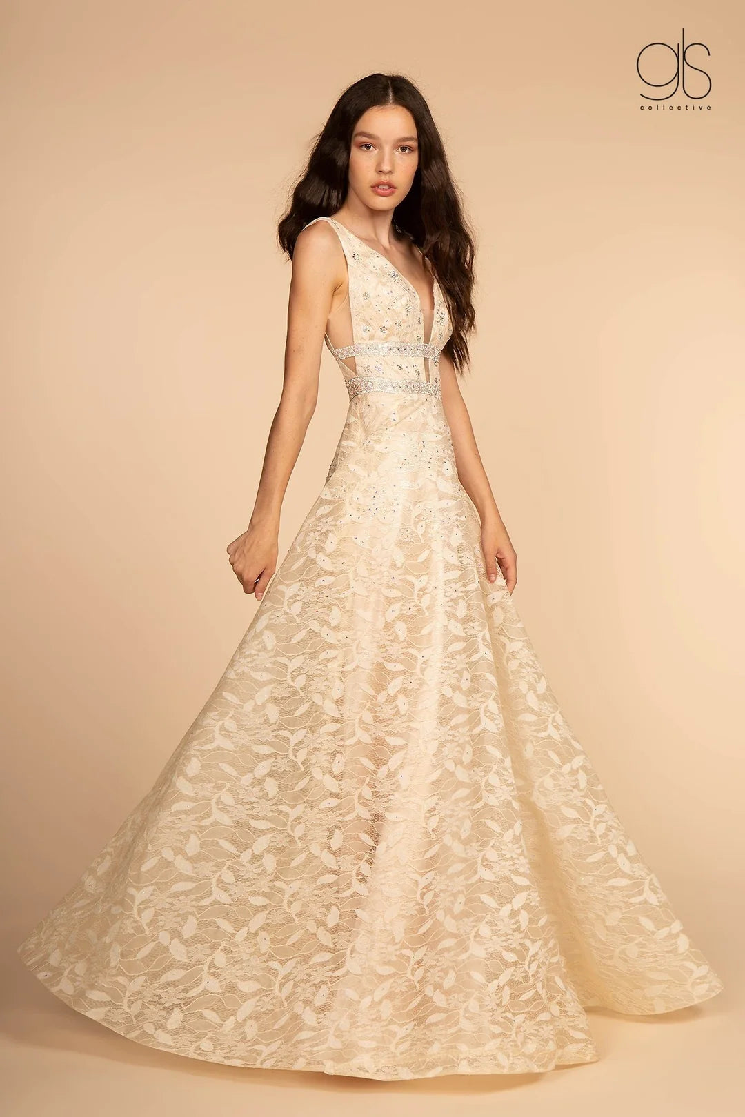 FLORAL LACE LONG ILLUSION BALL GOWN - CLEARENCE