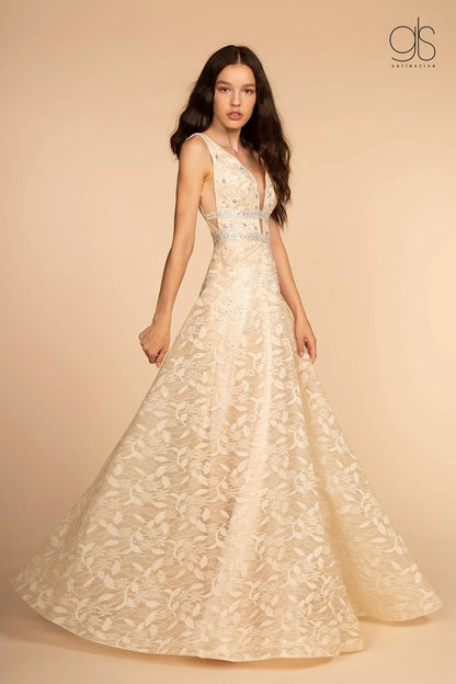 FLORAL LACE LONG ILLUSION BALL GOWN - CLEARENCE